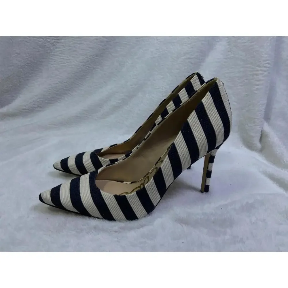 Sam Edelman black white 4" Stripe Heels Stiletto Sz. 7 M US 37 EU Women’s Canvas - Picture 5 of 11
